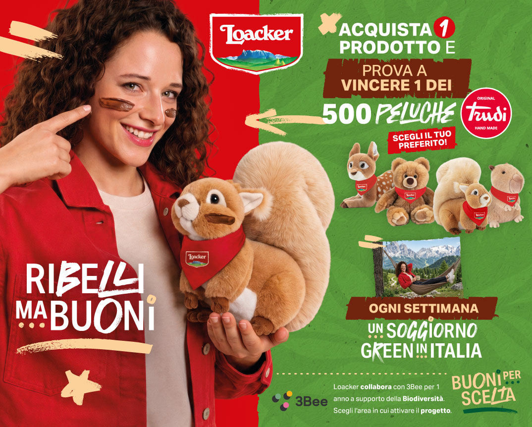 Banner dell'iniziativa con la spiegazione della meccanica del concorso: Ribelli ma buoni! Loacker. Acquista 1 prodotto e prova a vincere 1 dei 500 peluche Trudi handmade. Ogni settimana un soggiorno green in Italia. Buoni per scelta